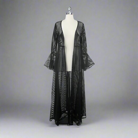 Vintage 90s Black Mesh Duster Robe XL - Picture 1 of 9